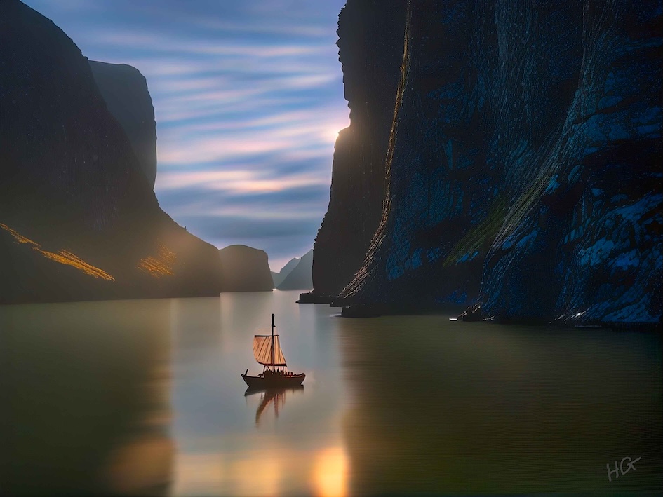 Hakan-AI vikingaskepp seglar in i fjorden